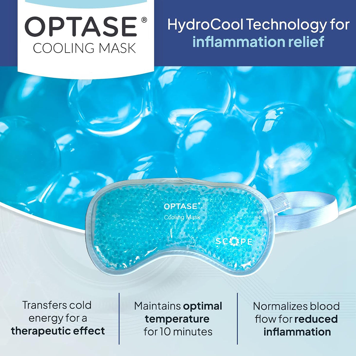 Image of the Optase Cooling Mask for Allergies and Puffy Eyes showcasing HydroCool Technology. The reusable mask features blue gel with gel beads, offering cooling therapy, dry eye relief, maintaining optimal temperature, and enhancing blood flow.