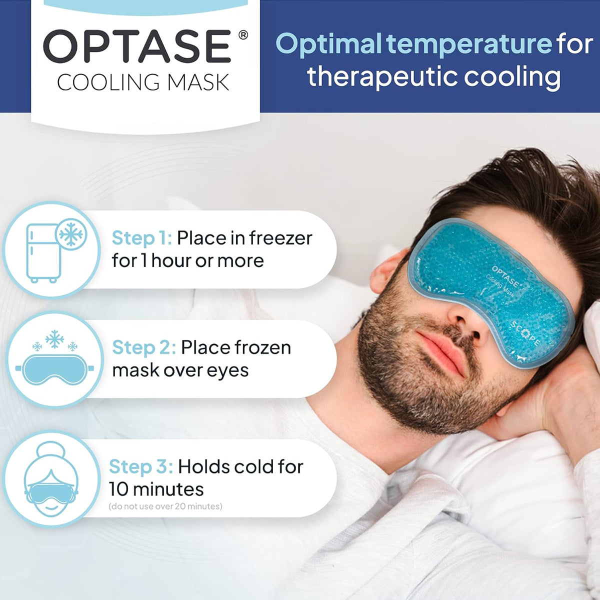 A man wears an Optase Cooling Mask for Allergies and Puffy Eyes. Instructions: 1) Freeze mask for at least 1 hour. 2) Place over eyes. 3) Provides up to 10 minutes of cooling therapy and dry eye relief at the optimal temperature. This reusable mask is by Optase.