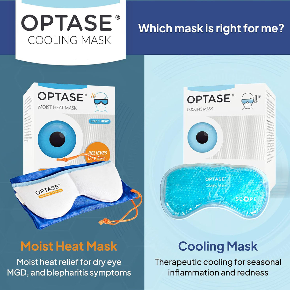 Compare the Optase reusable masks: one for dry eye relief is a moist heat mask in white with a blue edge, while the Optase Cooling Mask for Allergies and Puffy Eyes has a blue gel-filled design for inflammation. Both include packaging.