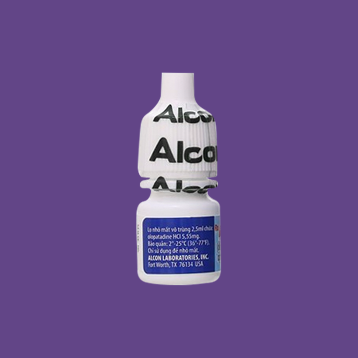 A small white bottle of Pataday Once Daily Relief Eye Drops by Alcon sits against a purple background, featuring the name Olopatadine Hydrochloride on the label. The bottle is topped with a twist-off cap.