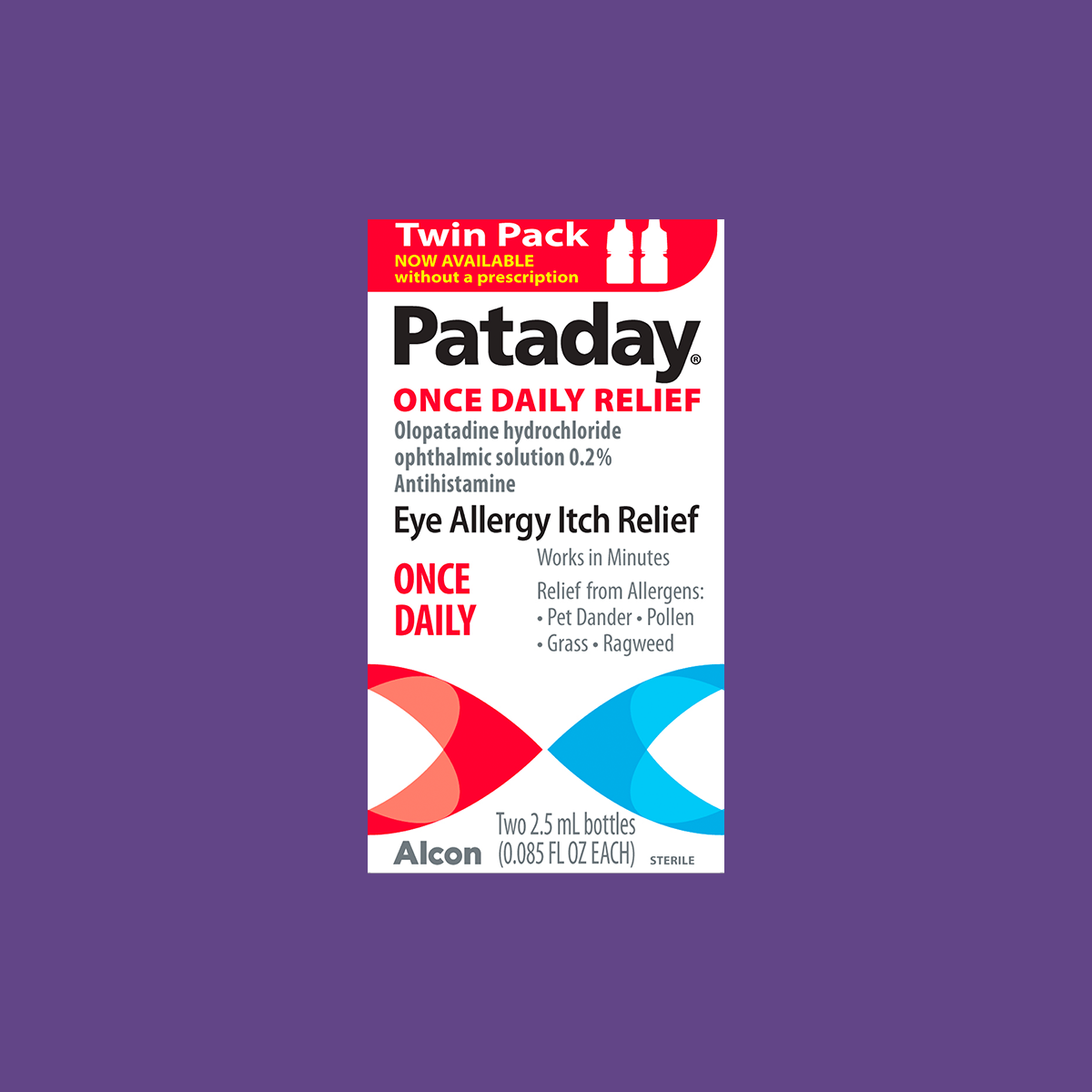A Pataday Once Daily Relief eye drops package by Alcon is shown against a purple background. Containing Olopatadine Hydrochloride, these antihistamine drops relieve allergy-related itchiness from pet dander, pollen, grass, and ragweed. Comes with two 2.5 mL bottles.