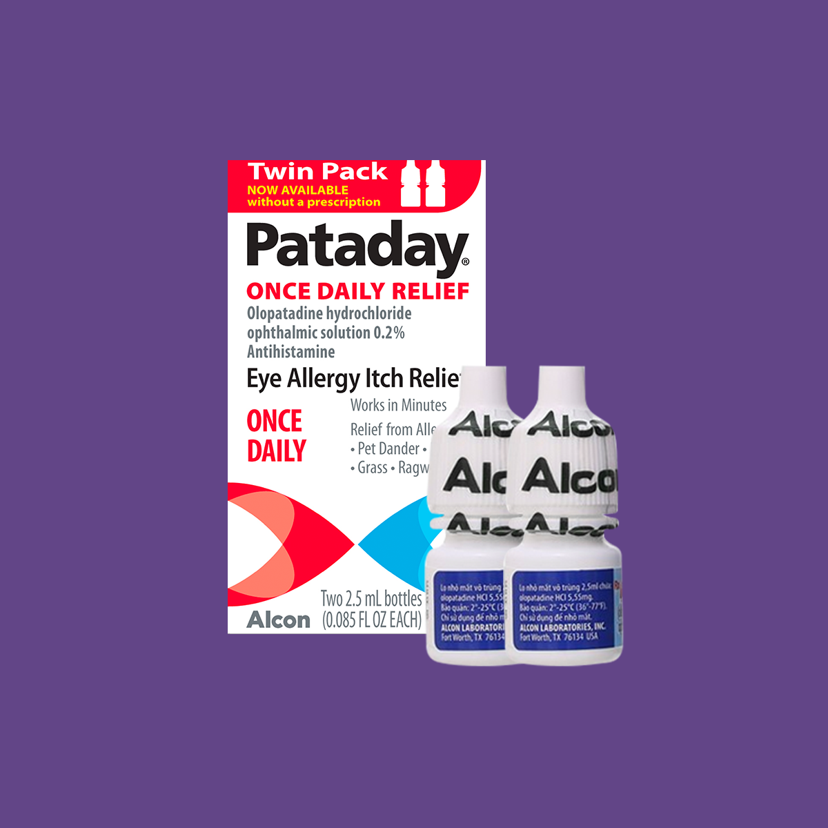 Two 2.5 mL bottles of Pataday Once Daily Relief Eye Drops by Alcon rest on a box against a purple background. Text highlights: Once Daily Relief, Works in Minutes, and Relief from Allergens - Pet Dander, Grass, Ragweed. Twin pack offers effective antihistamine protection.