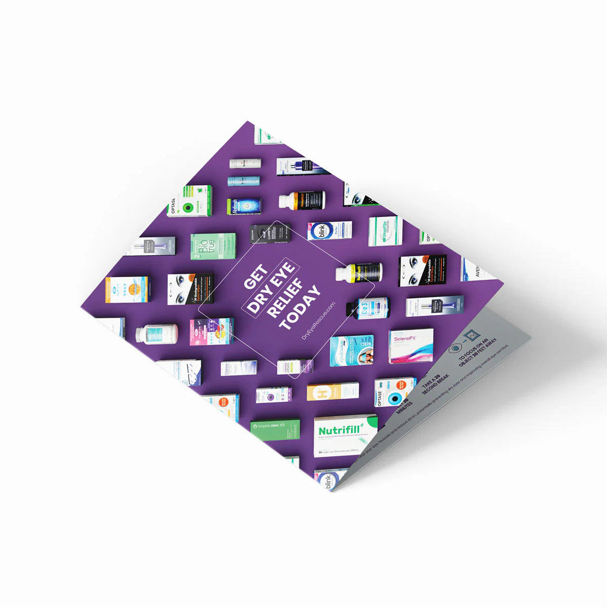 A flyer featuring boxed and bottled medical products on a purple backdrop boldly states GET DRYEYE RELIEF TODAY in white at its center. The flyer is angled for effect, with small text and logos at the bottom. Ideal for in-office sales teams, it showcases DryEye Rescue’s Small Counter Display Conversation Starter.