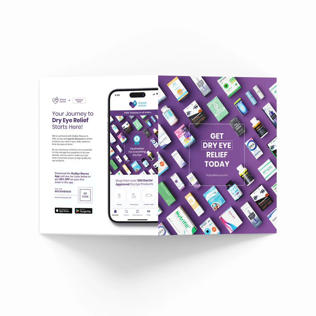 A brochure features a smartphone displaying a dry eye relief app on the left and DryEye Rescues PKG: Small Counter Display Conversation Starter with various relief items on a purple background to the right. Text reads Get Dry Eye Relief Today, perfect for in-office sales and starting conversations.