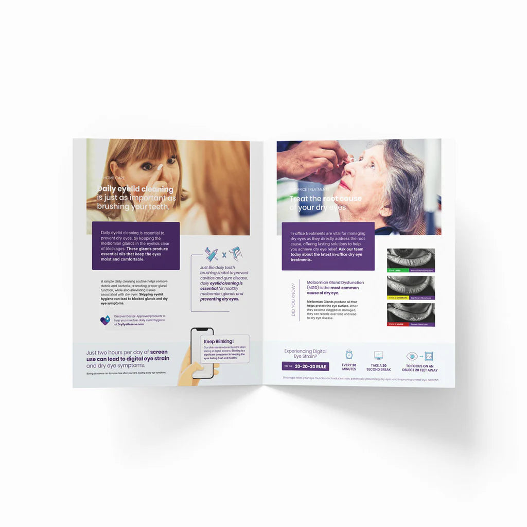 The Small Counter Display Conversation Starter by DryEye Rescue features a left page with text and images of toothbrushes and dental tips to spark conversation. The right page shows an older woman receiving care alongside text on teeth cleaning stages, ideal for in-office sales, set against a white background.