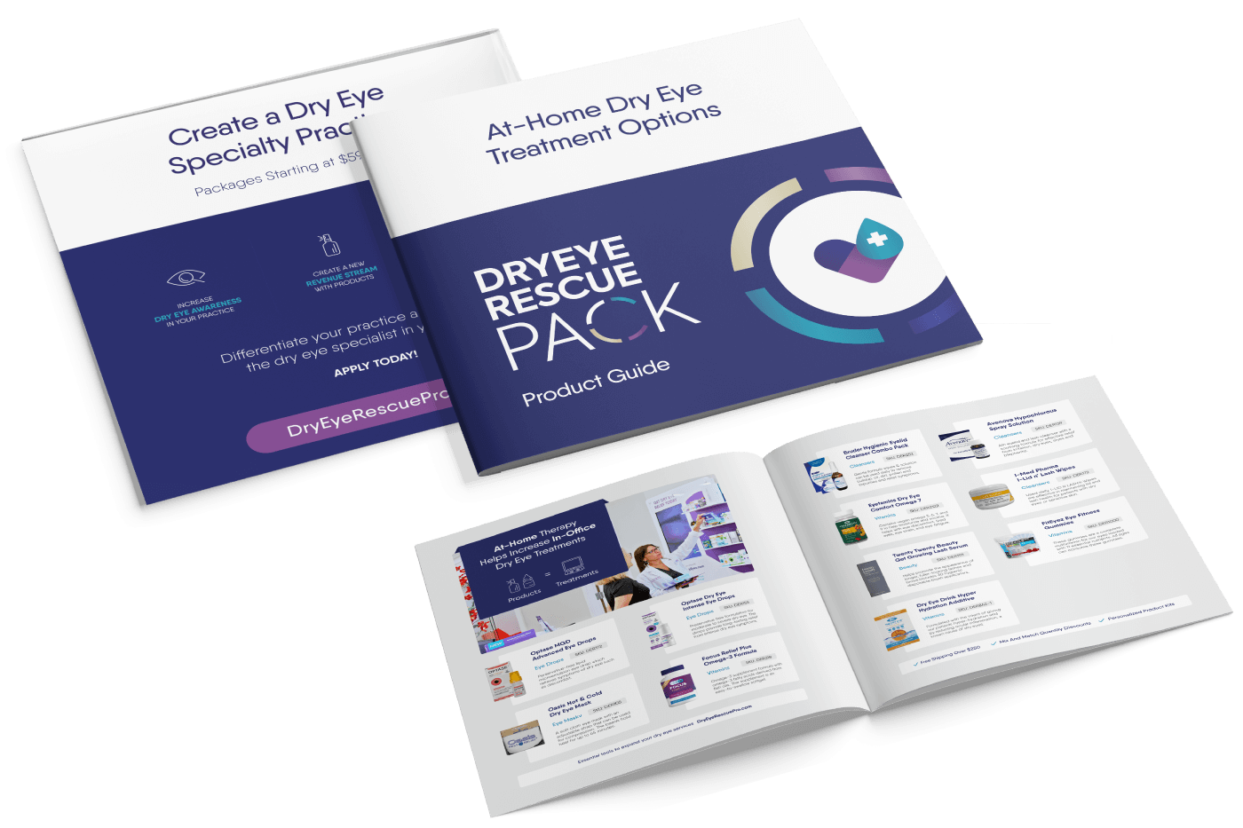 Featured are booklets and brochures for the DryEye Rescue Pack - Summer 2022 - Free Bundle for Doctors & Staff. These resources detail at-home dry eye treatments with product images and descriptions in an open book format to enhance online sales.