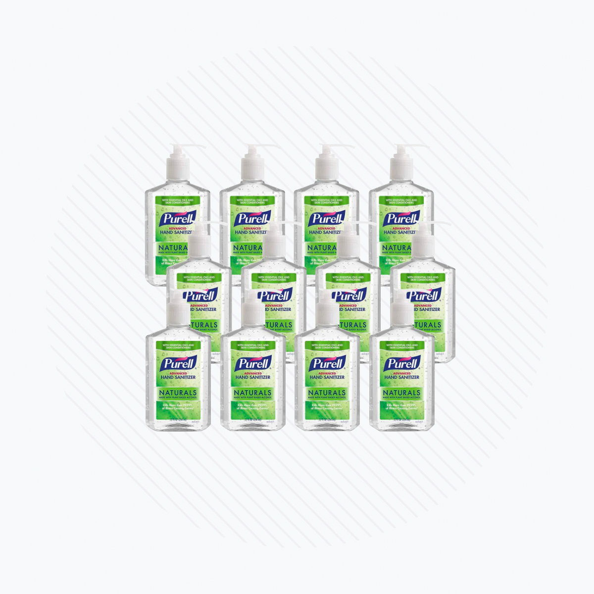 Twelve bottles of PURELL Naturals Advanced Hand Sanitizer Gel, featuring white caps and green and white labels with the Purell logo, are arranged in a pyramid. Set against a background of thin diagonal gray stripes, these essential workplace items stand out as refreshing necessities.