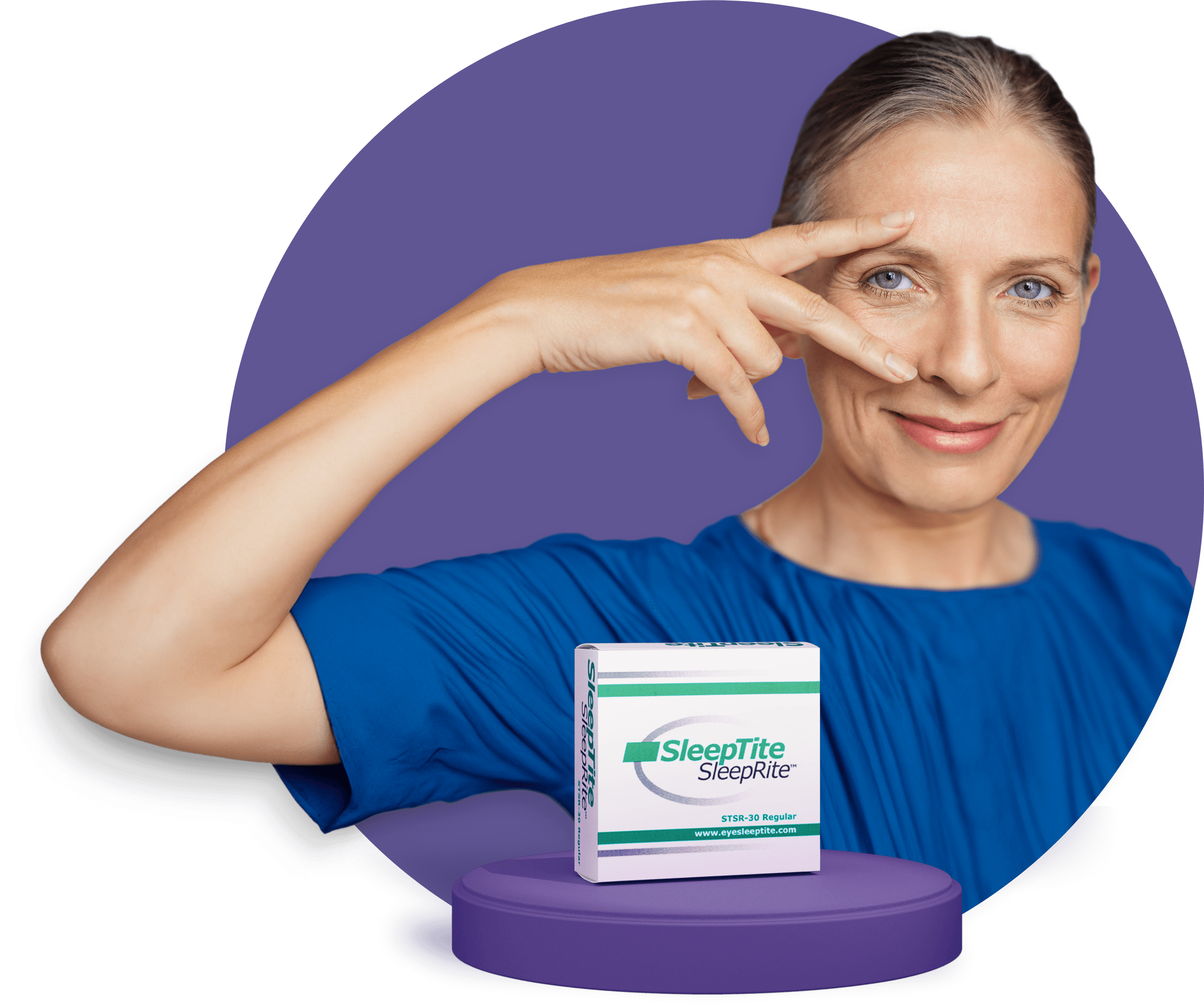 A person in a blue shirt smiles while holding a peace sign near their eye. They stand behind a small box labeled SleepTite SleepRite, which is placed on a purple pedestal. The background is a purple circle.