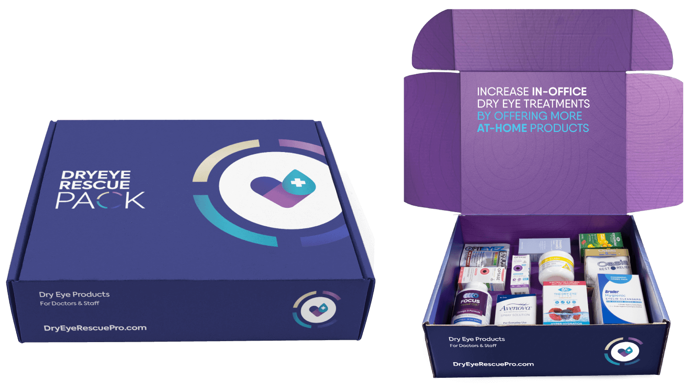 An open purple and blue DryEye Rescue box displays dry eye products, with the lid stating, Boost in-office treatments by offering more at-home products. Enhance online sales with the effective DryEye Rescue Pack - Summer 2022 Bundle for dry eye relief.
