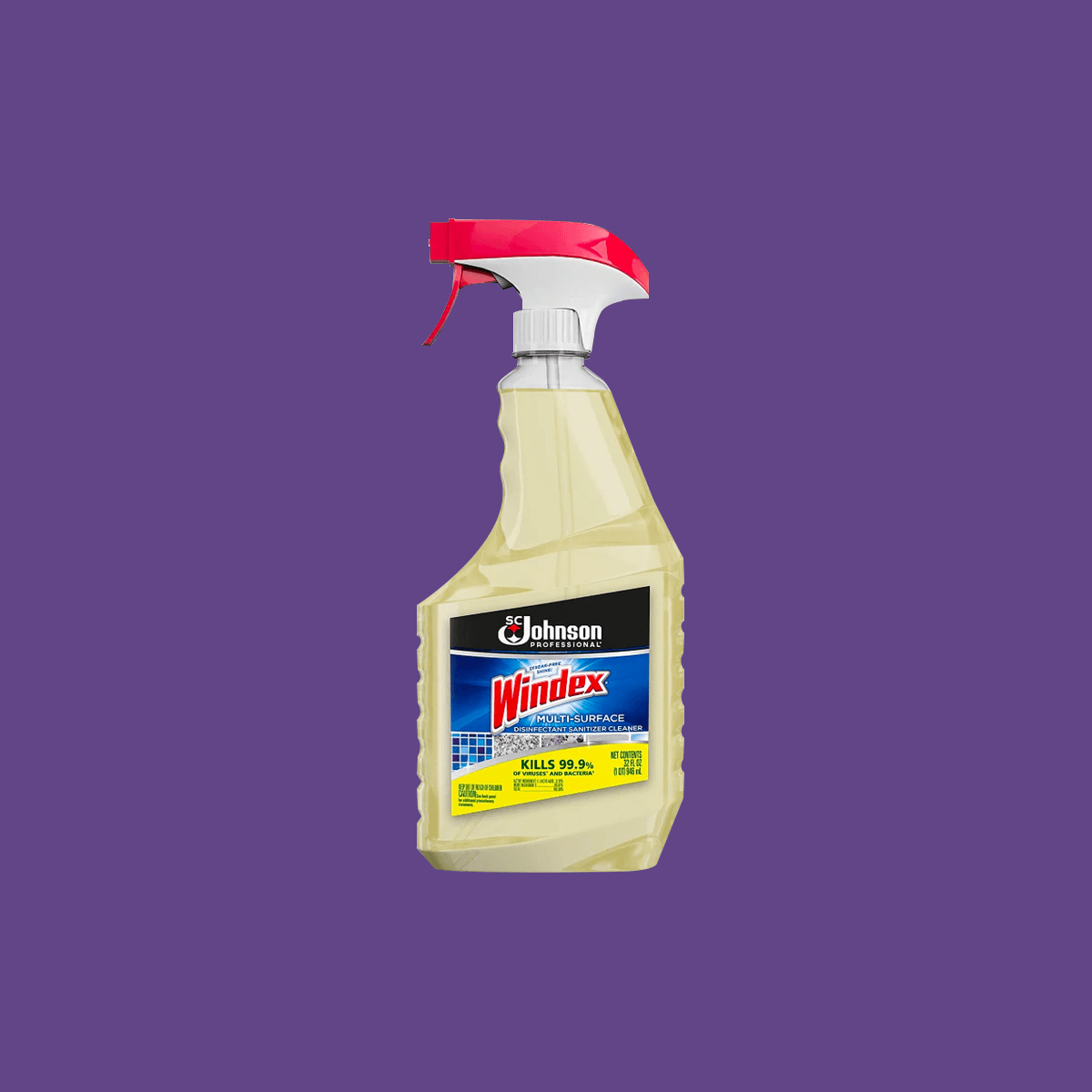 A 32 oz spray bottle of SC Johnson Professional WINDEX Multi-Surface Disinfectant Cleaner, featuring a red nozzle and brand label, against a solid purple background.