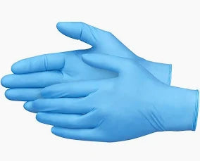 A pair of Vision Rescue Pro exam gloves in blue, made from powder-free nitrile, is strikingly displayed against a white background.