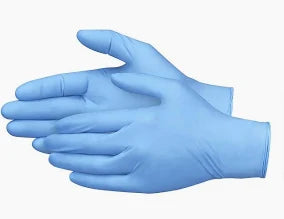 A pair of MedPharma USAs small, powder-free, blue nitrile exam gloves from their 100 Box set by IMCO are showcased one inside the other against a white background to emphasize their shape and texture.