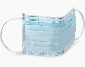 A blue pleated, disposable surgical mask by MedPharma USA, featuring signature white ear loops, is shown from a side view against a plain background.