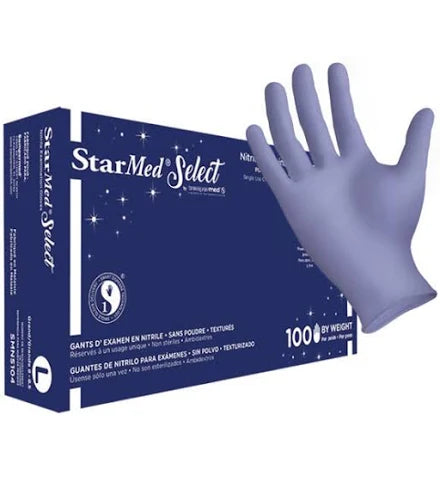 A box of MedPharma USA StarMed Select nitrile exam gloves displays a large, powder-free blue glove on the right side. The design includes bilingual product details (English and Spanish) for a size L, containing 100 gloves.
