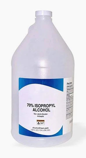 The MedPharma USA Isopropyl Alcohol, 70%, Gallon is a non-sterile antiseptic solution in a plastic bottle. This white gallon-sized container holds 128 fluid ounces, or 3.8 liters.