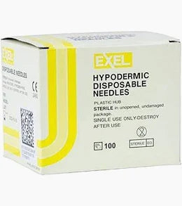 The box labeled Needles-Disposable, 30g x 1/2, 100/Box, Excel by MedPharma USA contains 100 sterile, single-use needles with a plastic hub, complete with clear instructions for use and disposal.