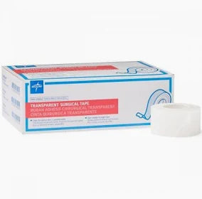A box and roll of transparent surgical tape, branded as Vision Rescue Pros Transpore 1 x 10 Yards (12 rolls) by Medline. The mainly white box displays bold blue and red text, with the partially unrolled roll emphasizing its clarity and reliability for medical use.