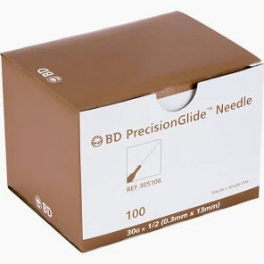 A brown and white box labeled Needles, Disposable- 30g x 1/2\, 100/Box, BD by MedPharma USA contains 100 disposable needles, specified as 30G x 1/2 (0.3mm x 13mm), reference number 305106.