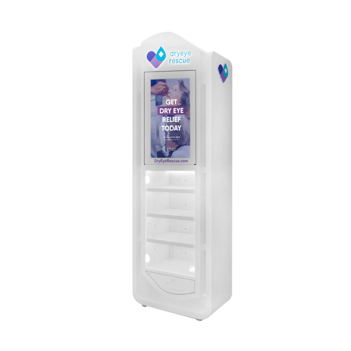 The Tall & Skinny Standing Floor Display Slim (Tower) by DryEye Rescue is a durable white metal kiosk displaying Get Dry Eye Relief Today next to the logo. Its compact shelves provide an efficient solution for showcasing products despite limited space.