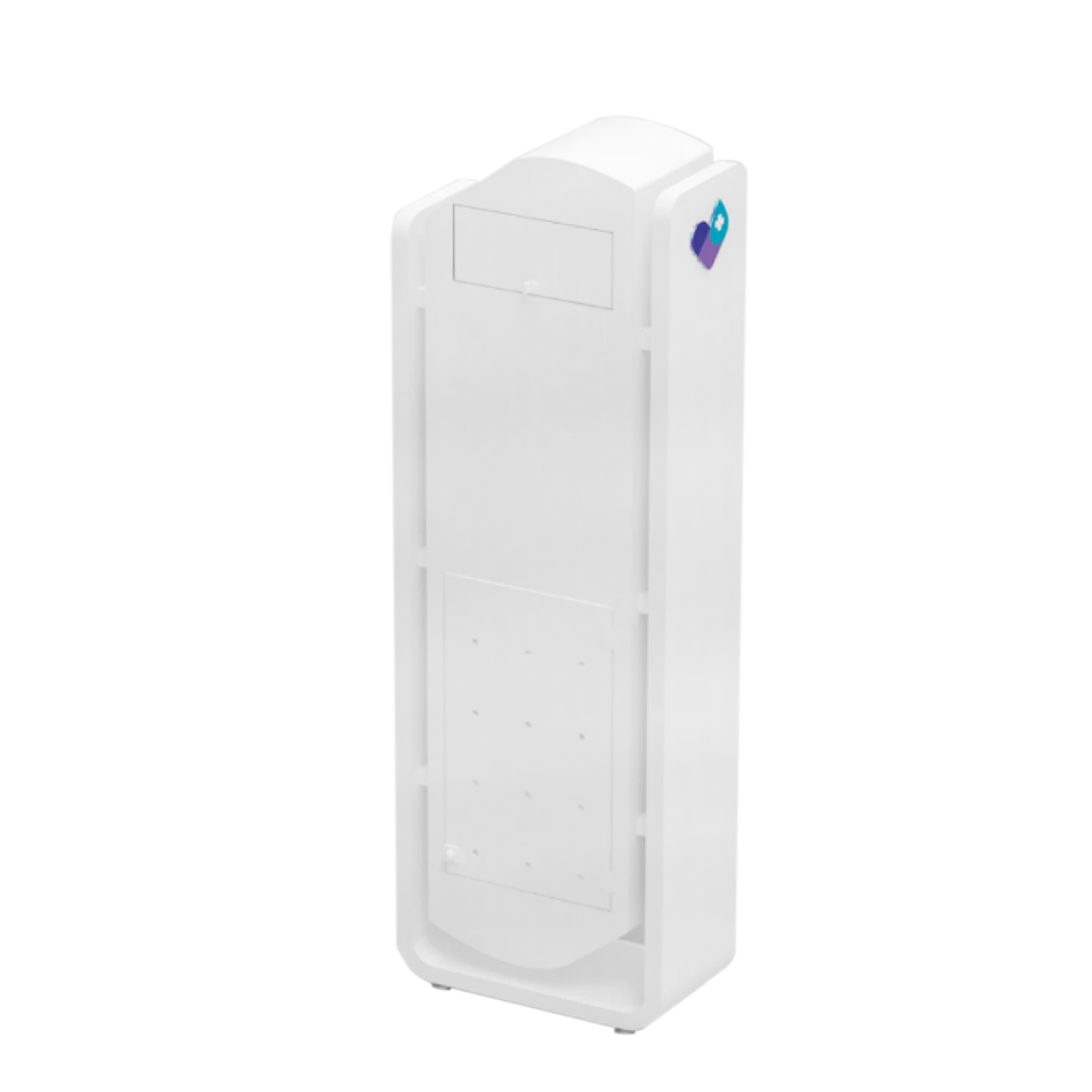 The Tall & Skinny Standing Floor Display Slim from DryEye Rescue is a sleek, tall, rectangular sanitizer dispenser made of durable metal. It has a small display with blue and purple buttons on the upper right corner and a dispensing slot near the top, ideal for limited space.