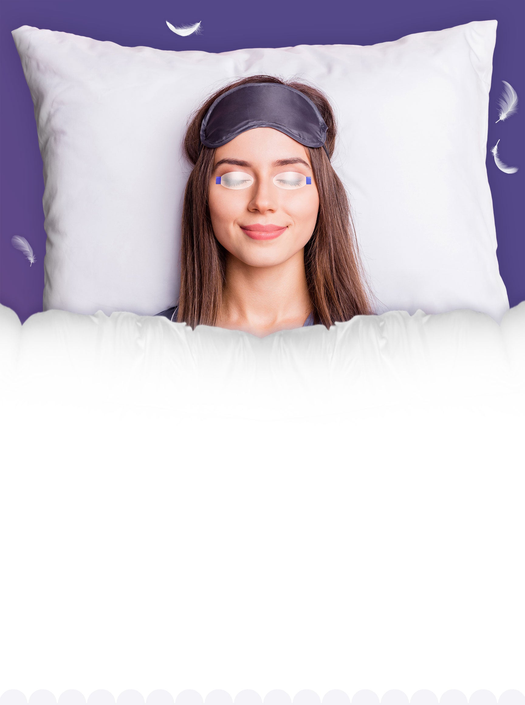 A woman with an eye mask and eye patches lies in bed against a purple background with small feathers floating around. Her head rests on a white pillow, and the lower part of the image is a blank white space.