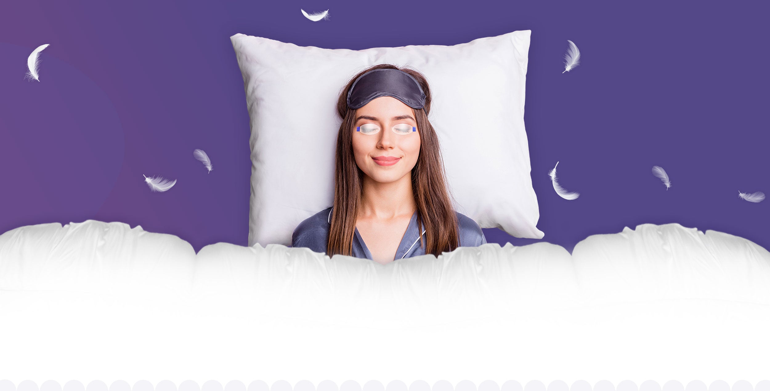 A woman wearing a sleep mask and pajamas lies on a white pillow against a purple background. Feathers are scattered around, creating a peaceful, dreamlike atmosphere.