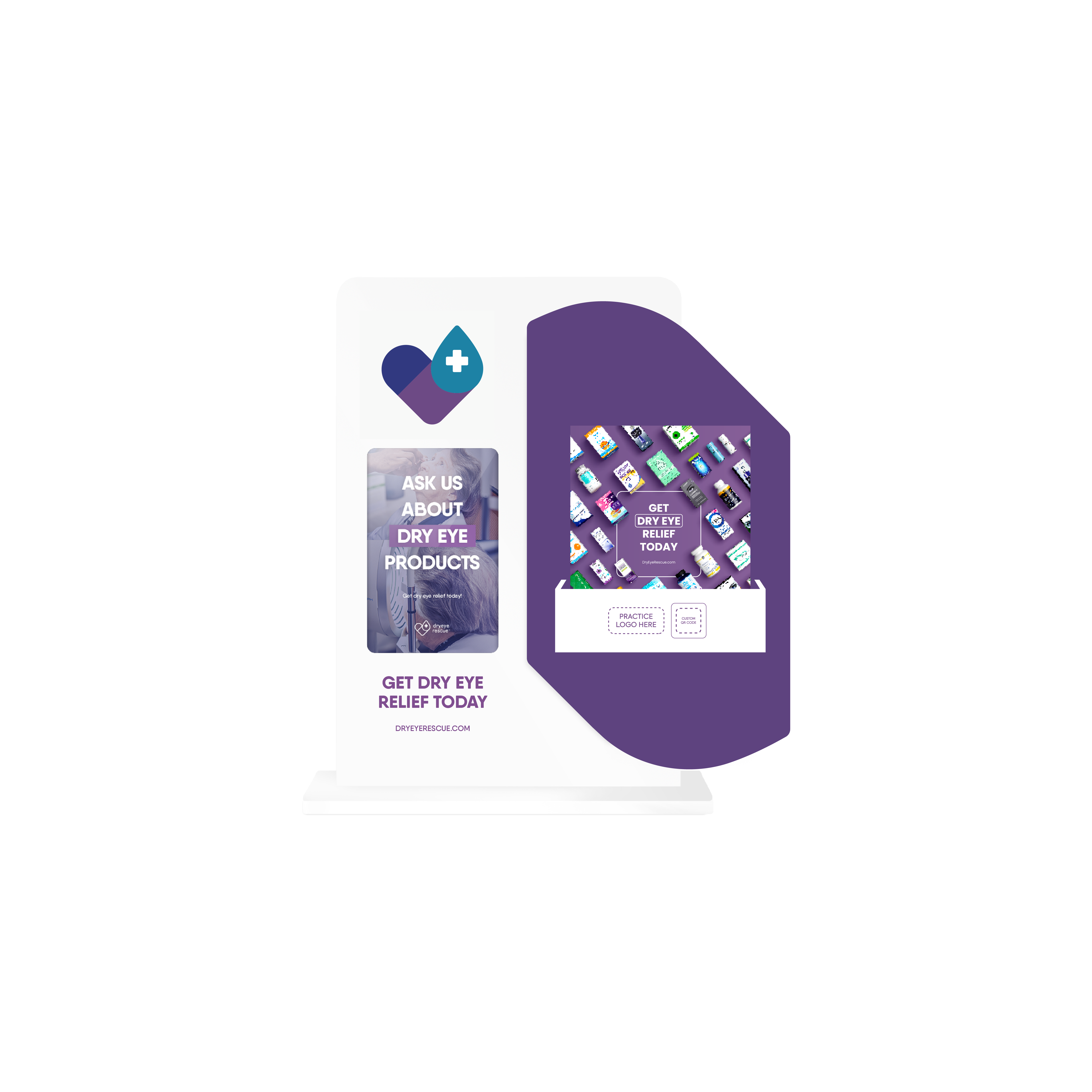 The Conversation Starter counter display by DryEye Rescue serves as an in-office sales tool and conversation piece. It showcases a brochure inviting questions about dry eye products with the message, Get dry eye relief today, accompanied by colorful illustrations of essential eye care solutions.