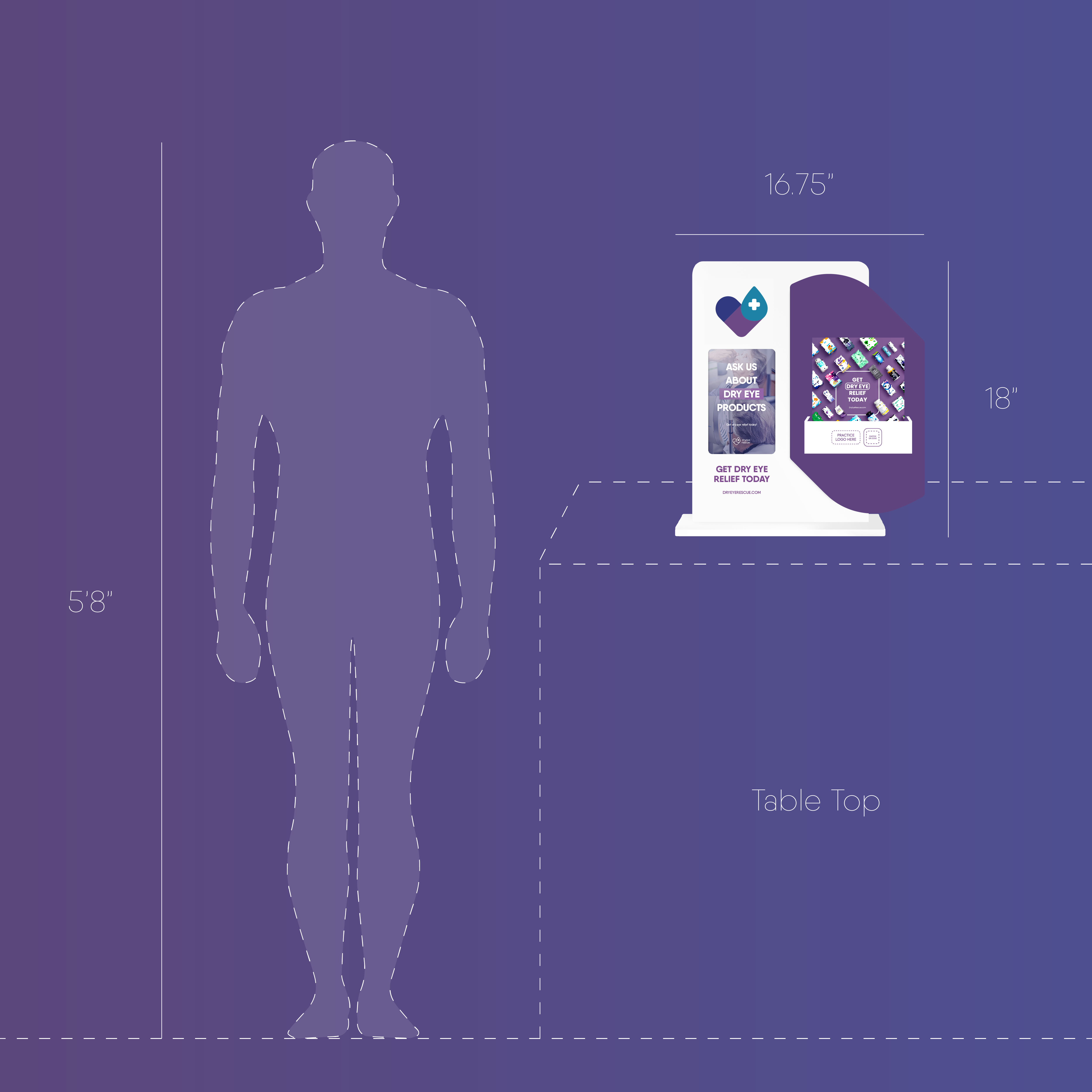 A 58 person stands next to DryEye Rescues Small Counter Display Conversation Starter on a tabletop. Ideal for in-office sales, it features a QR code and digital content. At 16.75 inches wide and 18 inches tall, it sits against a purple to blue gradient background.