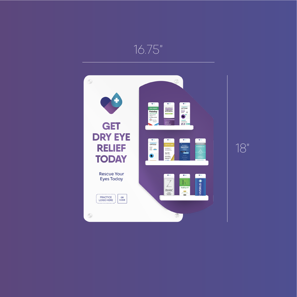 A purple gradient background showcases the Wall Mount Exam Room Display Conversation Starter (Small) by DryEye Rescue, with a Get Dry Eye Relief Today sign. This 16.75 by 18 display is an ideal in-office sales conversation starter, with eye care products neatly arranged on shelves below.