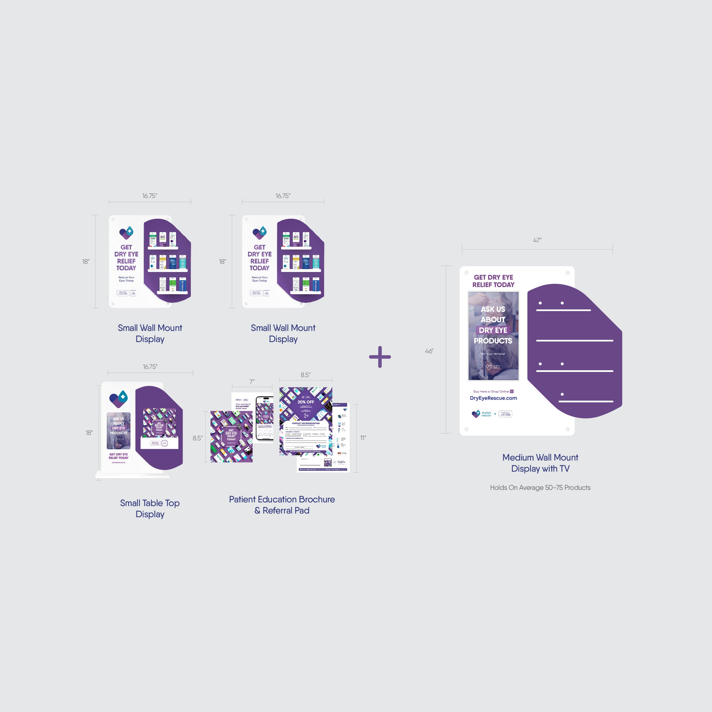 The DryEye Rescue Package B includes: two exam room wall mounts, a tabletop display, and a medium wall mount with TV. All marketing materials are cohesively designed in purple and white with text and graphics.