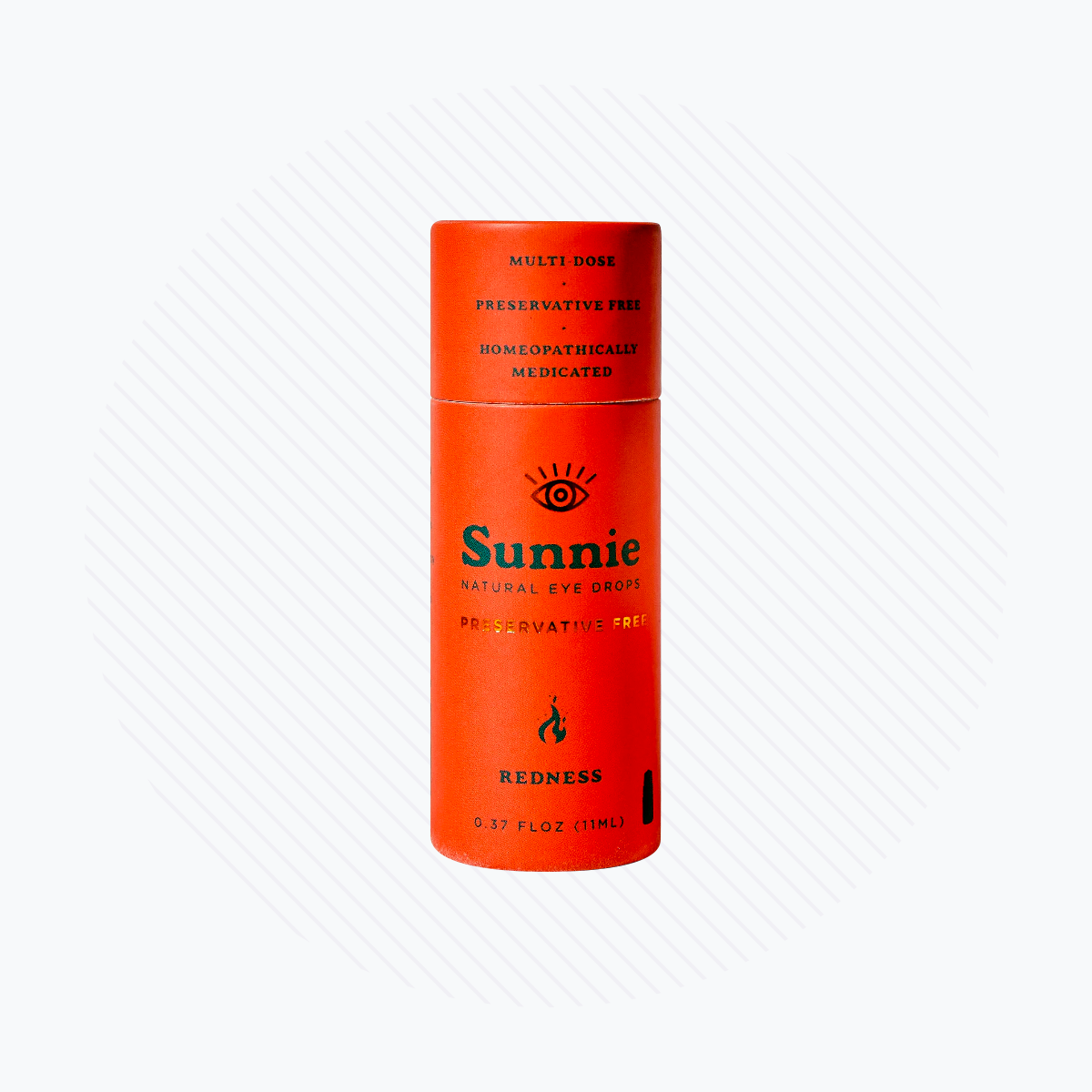 A red cylindrical 11mL bottle labeled Natural Preservative Free Eye Drops for Redness by Sunnie, features a flame icon, multi-dose capability, and plant-based homeopathic relief.