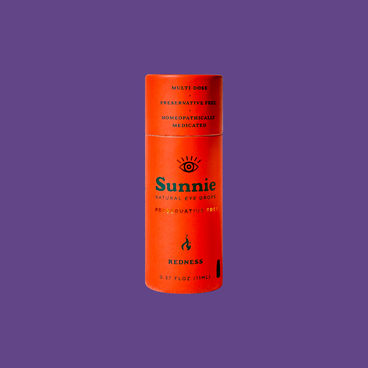 An orange cylindrical bottle of Sunnie Natural Preservative Free Eye Drops for Redness (11mL, 330+ drops) labeled Homeopathically Medicated stands against a purple background. It features an eye symbol above the brand name.