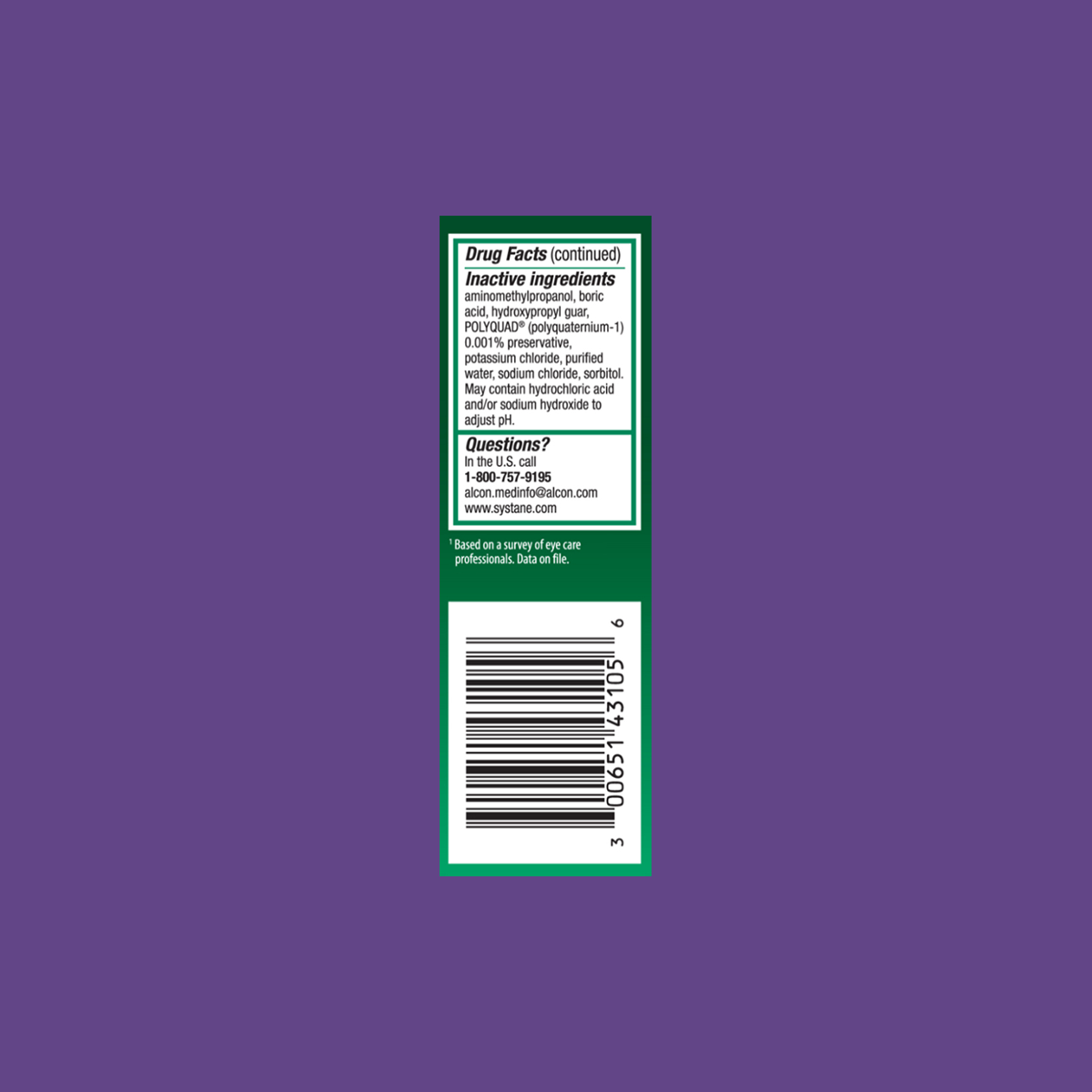 A green box with a label showing drug facts, inactive ingredients, and contact information for Systane Ultra High Performance Lubricant Eye Drops by Alcon is set against a purple background. Scan the barcode for dry eye relief today.