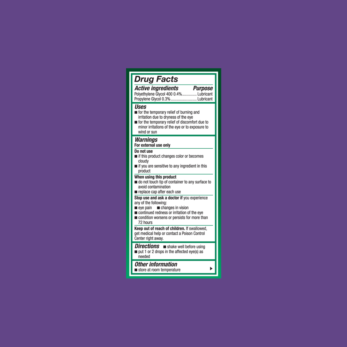 A close-up of a drug facts label on a purple background highlights hydrating details for Systane Ultra High Performance Lubricant Eye Drops by Alcon. It shows active ingredients, uses, warnings, and directions in a white box with a green border for dry eyes relief.