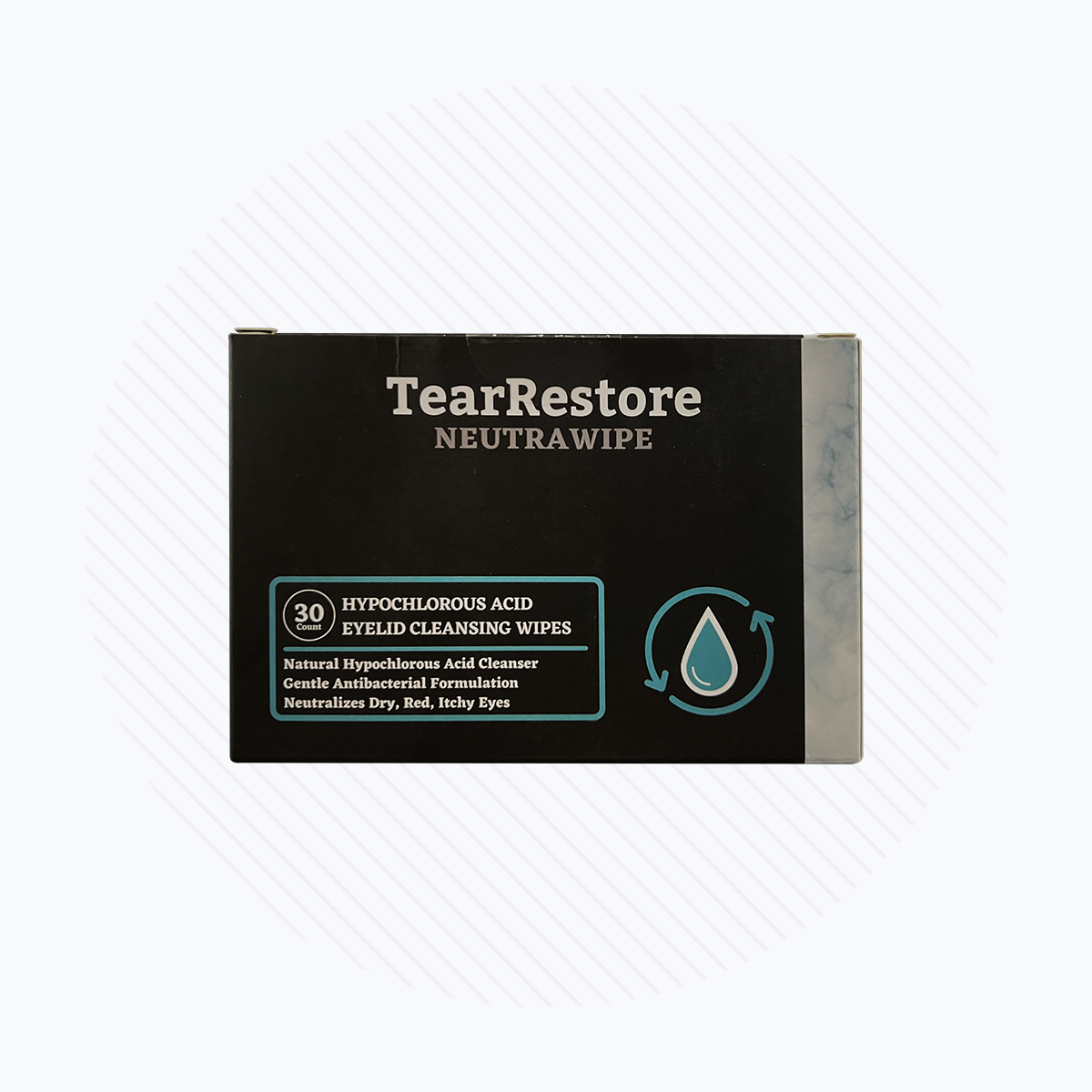 The TearRestore NeutraWipe Hypochlorous Eyelid Wipes (30 Count) by Tear Restore are ideal for naturally cleansing sensitive eyes. The sleek black packaging with white and blue text emphasizes the antibacterial formula, great for dry, red, and itchy eyes.