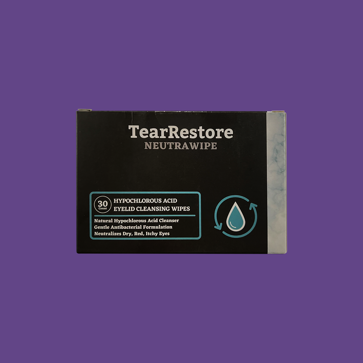 A box of TearRestore NeutraWipe Hypochlorous Eyelid Wipes (30 Count) on a purple background highlights hypoallergenic wipes from Tear Restore designed to gently cleanse sensitive eyes and neutralize dry, red, itchy symptoms with an antibacterial formula.