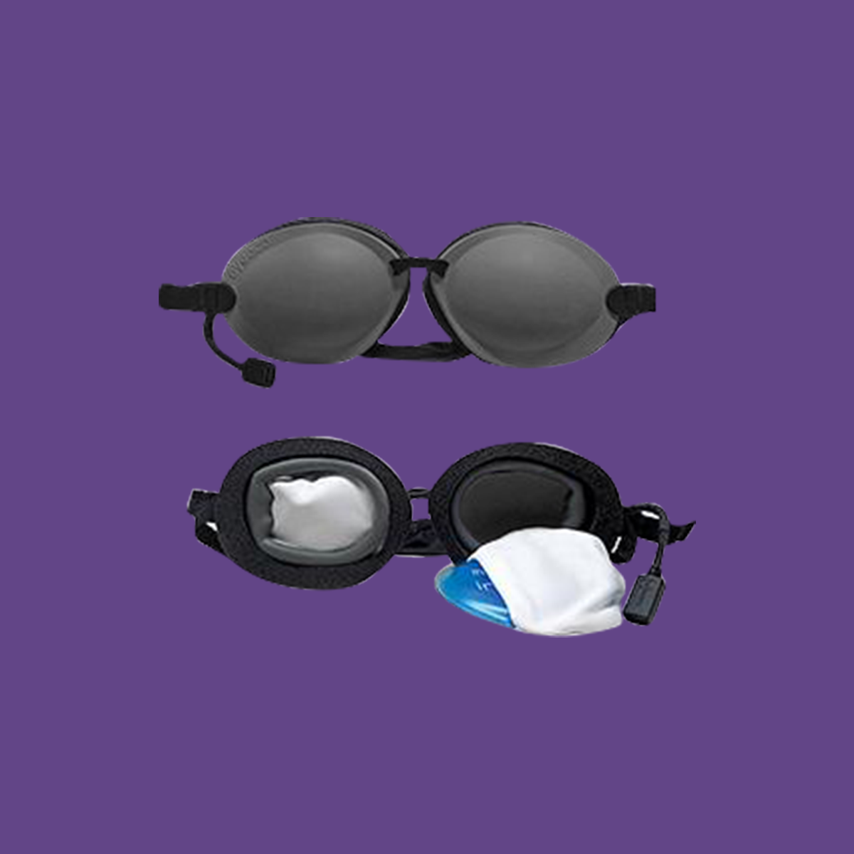 Two pairs of black swimming goggles are shown on a purple background. One pair has clear lenses, while the open sets blue-tinted lenses and white protective cloth are designed for dry eye therapy, with Tranquilvibes by EyeEco offering 1000+ moist heat treatments.