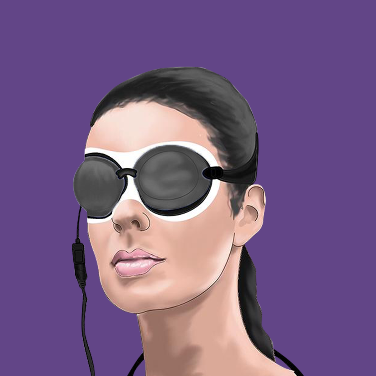 A person with dark hair pulled back wears EyeEcos Tranquilvibes goggles with the Instant XL 1000+ Moist Heat Treatments for dry eye therapy, set against a solid purple background. The goggles feature futuristic black rims and wires, while the person maintains a neutral facial expression.