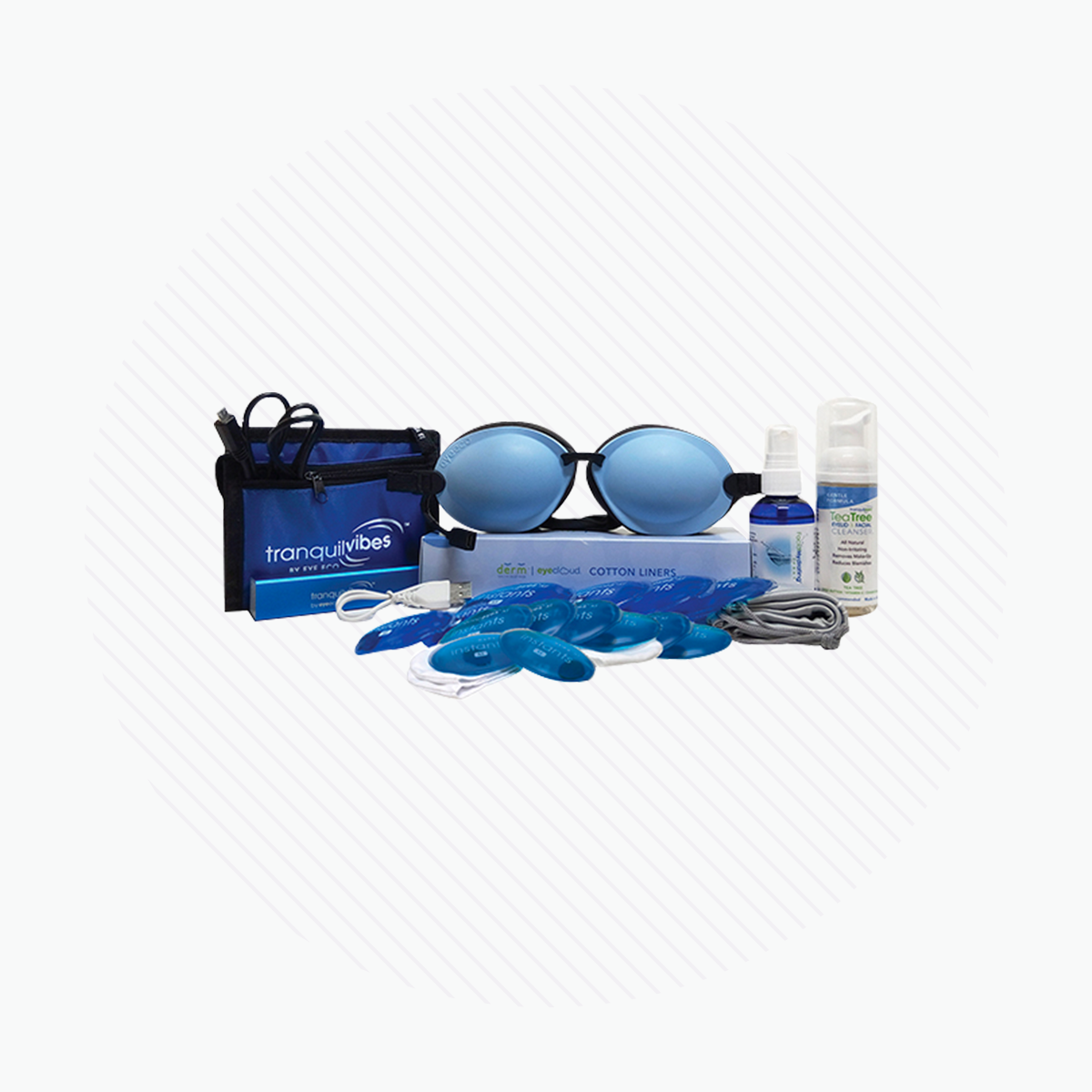The Tranquilvibes by EyeEco offers ultimate comfort with a blue eye mask, travel pouch, sleep aid bottles, earplugs in a case, cotton liners, and earbuds. Perfect for enhanced rest and dry eye therapy on a serene white backdrop with Instant XL 1000+ Moist Heat Treatments.