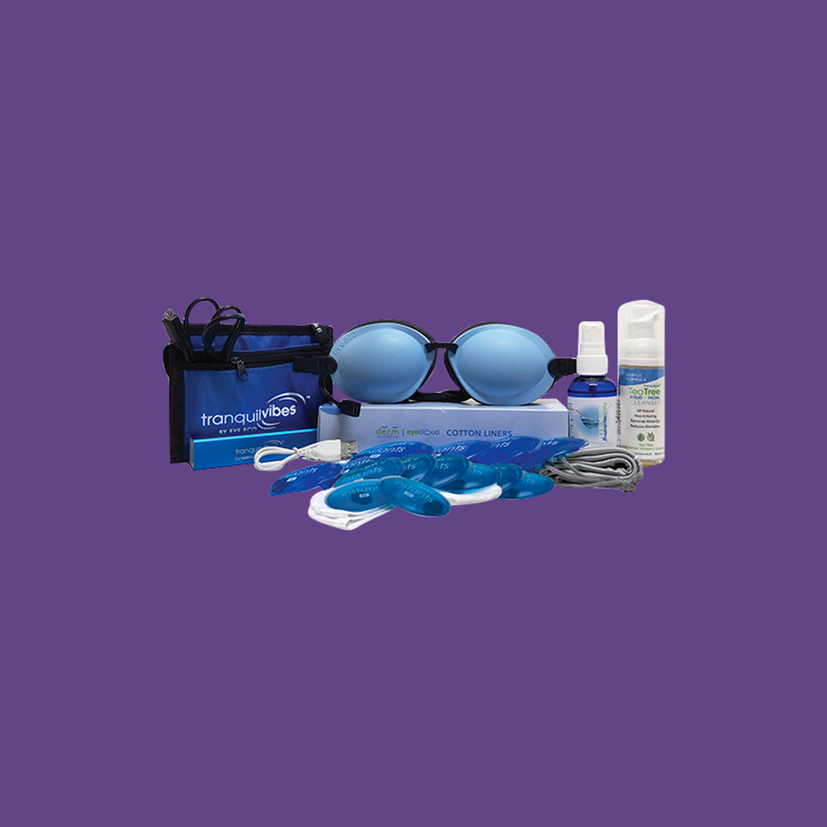 The scene displays an assortment of sleep aids against a purple background, including Tranquilvibes by EyeEco. This set features a black sleep mask, blue earplugs, nasal spray, blue pouch, and eye pads designed for relaxation with moist heat therapy and therapeutic massage.