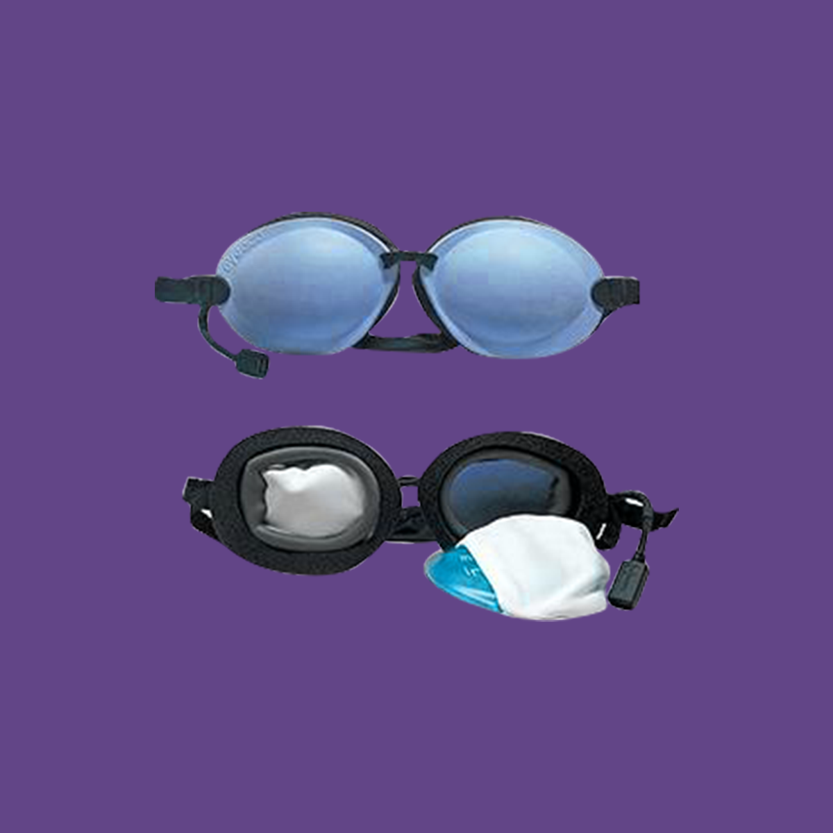 EyeEcos Tranquilvibes swim goggles are shown against a purple backdrop, featuring front and back views. The soothing tinted blue lenses resemble dry eye therapy, with a glimpse of the white protective cover on one back lens.