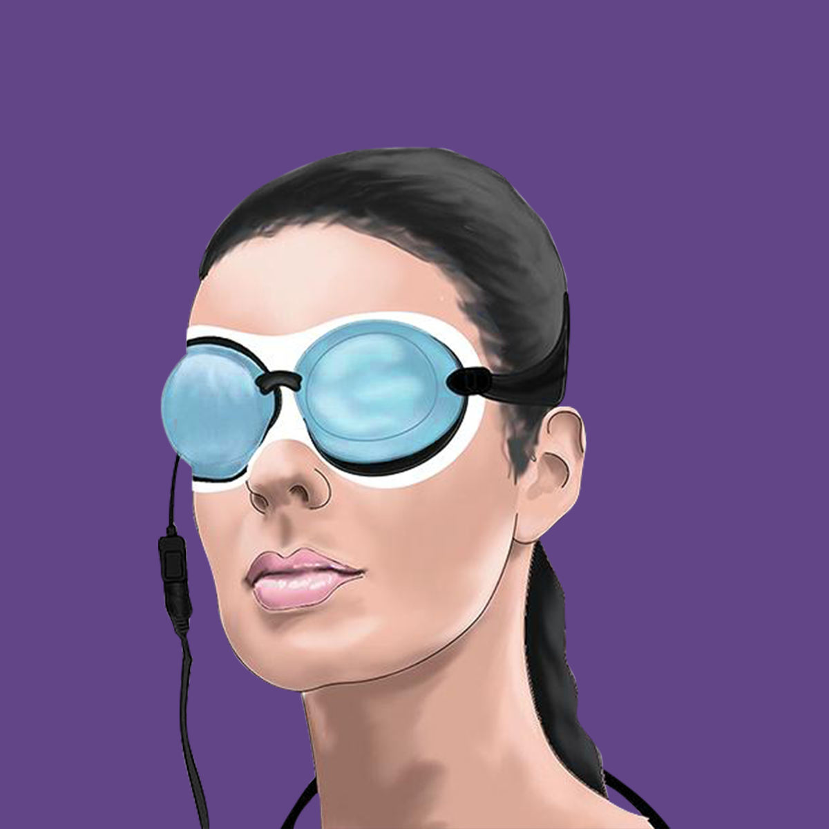 Illustration of a person with dark hair wearing EyeEcos Tranquilvibes goggles, featuring blue lenses, a dark strap, and connected by a wire. These goggles are used for dry eye therapy and set against a solid purple background.