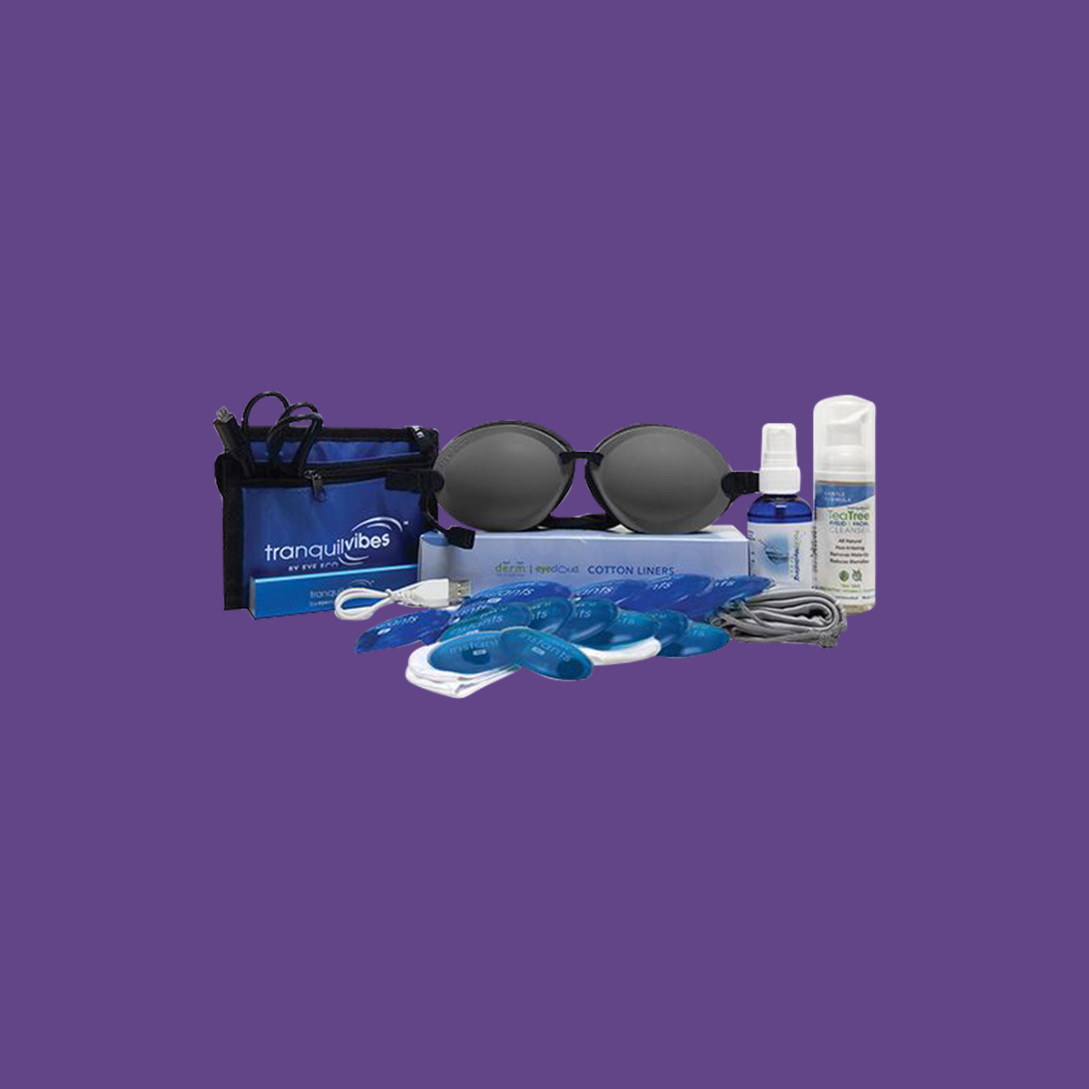 A variety of EyeEco sleep aids, including a sleep mask, earplugs, and a case for massage tools, are showcased against a purple background. There’s also Tranquilvibes with Instant XL 1000+ Moist Heat Treatments along with travel accessories ideal for dry eye therapy.