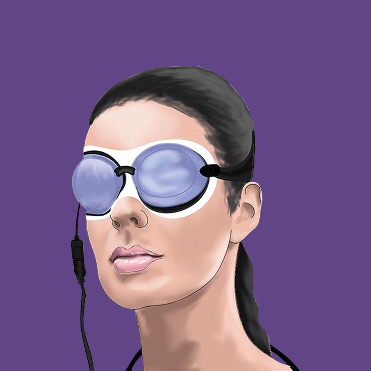 An illustration features a woman wearing the EyeEco Tranquilvibes virtual reality goggles, designed for dry eye therapy. The goggles have a white frame, black strap, and purple-tinted lenses with a side wire against a solid purple background.