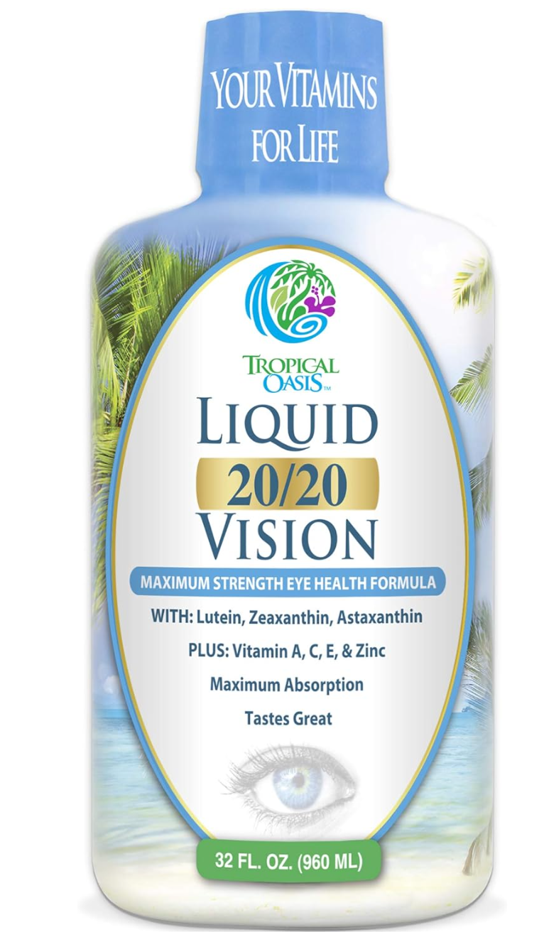 Tropical Oasis Liquid 20/20 Vision, Retina Health (32oz.) is crafted for superior eye health with antioxidants like Lutein, Zeaxanthin, Astaxanthin, and vitamins A, C, and E. Enjoy its great taste and maximum absorption.