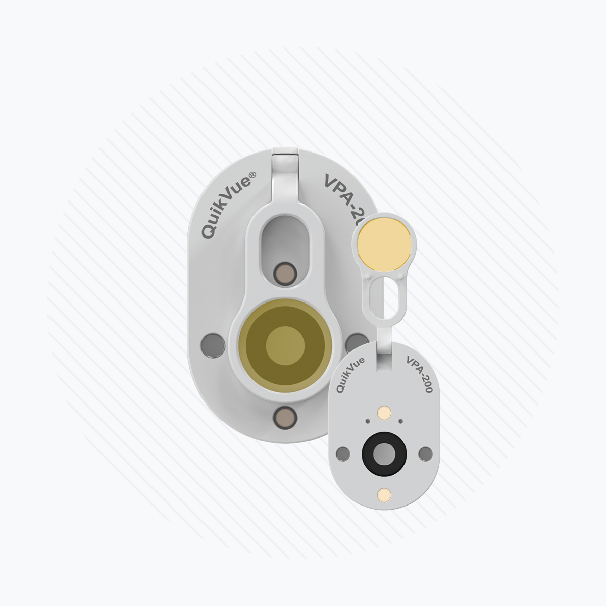 Two VisuScience QuikVue Plus Smartphone Imaging Adapters, with one larger than the other featuring circular and elongated components on a white background with subtle diagonal lines, ideal for anterior segment imaging in primary eye care examinations.