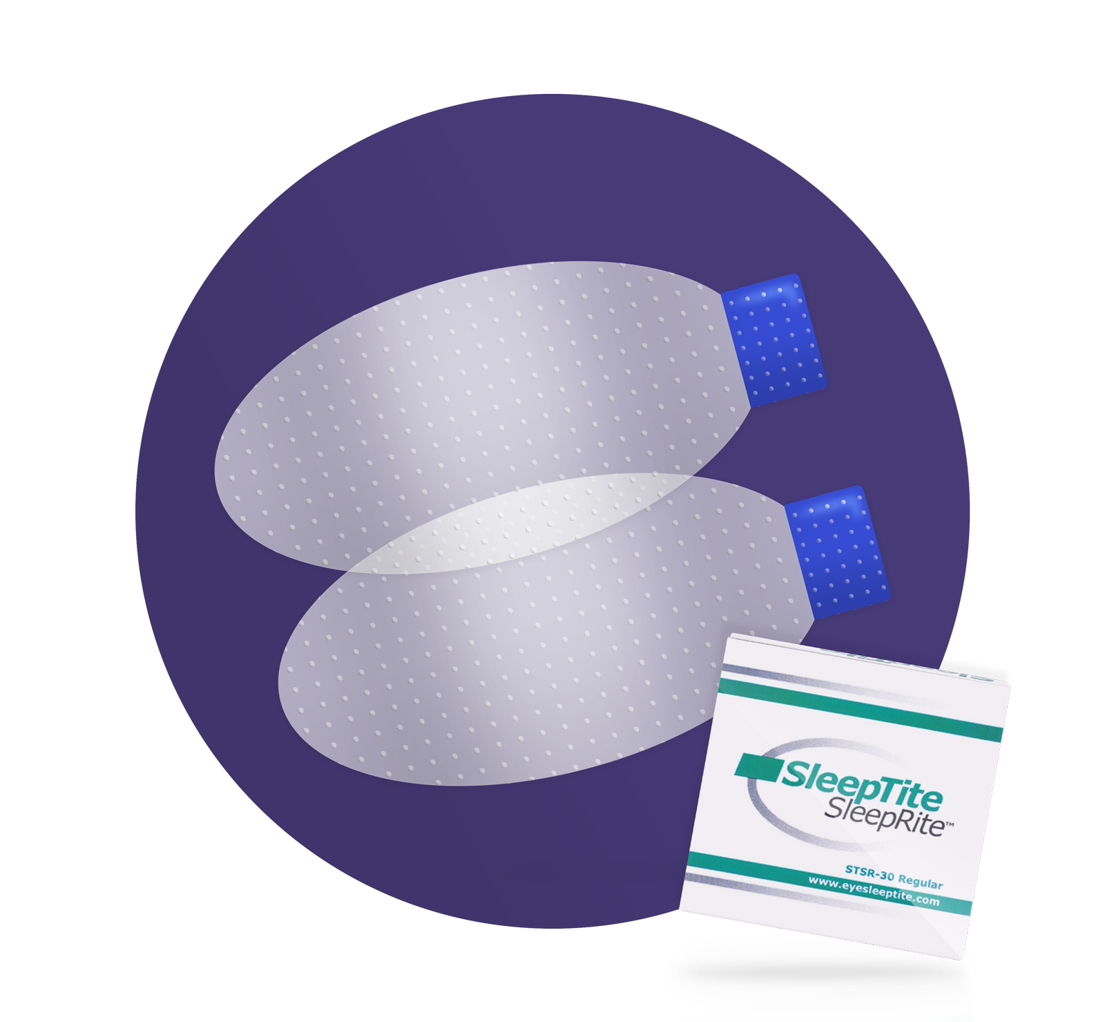 Two overlapping oval mattress covers with dotted patterns and blue ends on a purple circular background. A package with the label SleepTite SleepRite is in the lower right corner.