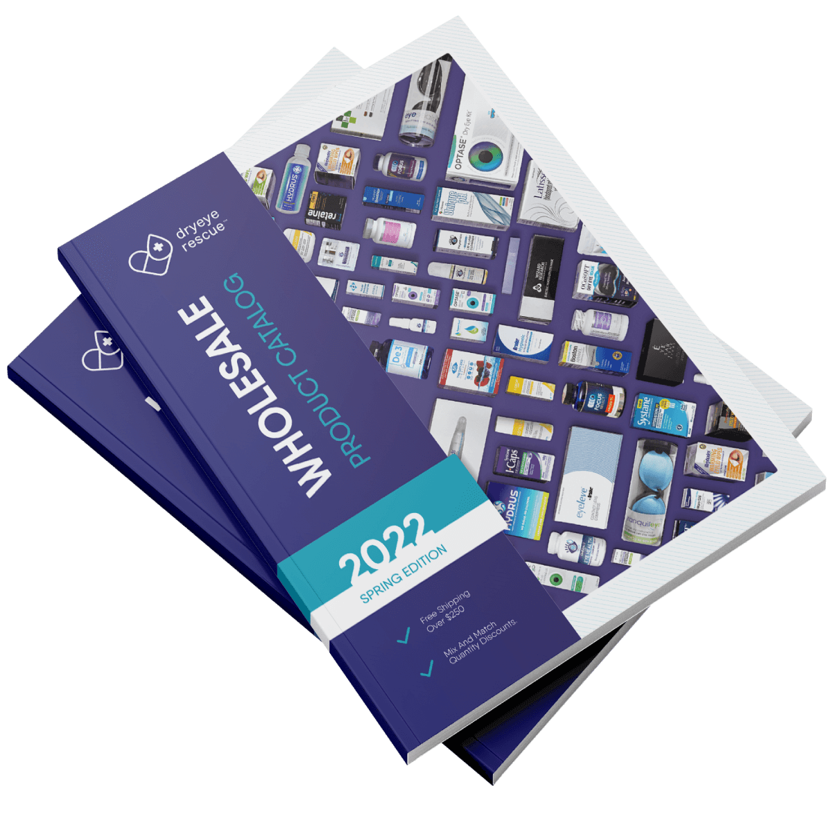 Three stacking booklets, titled Wholesale Product Catalog 2022 Spring Edition, feature a blue cover with the DryEye Rescue logo. Inside, discover DryEye Rescue Pack - Summer 2022 and other rescue packs against a purple background, all set for online sales exploration.