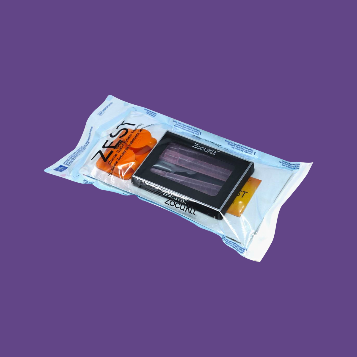 A sealed package contains a cosmetic case with eye shadows and Zocular® ZEST™ In-Office Eyelid Treatment, marked ZEST™, perfectly paired for vibrant eyes, on a purple background.