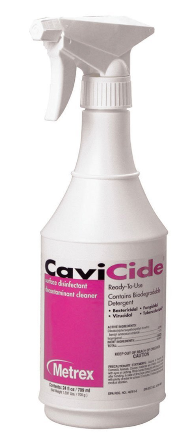 A 24 oz. white CaviCide spray bottle is labeled ready-to-use, highlighting its bactericidal, fungicidal, and virucidal properties. Trusted by Metrex, the brand name Cavicide is printed in pink.